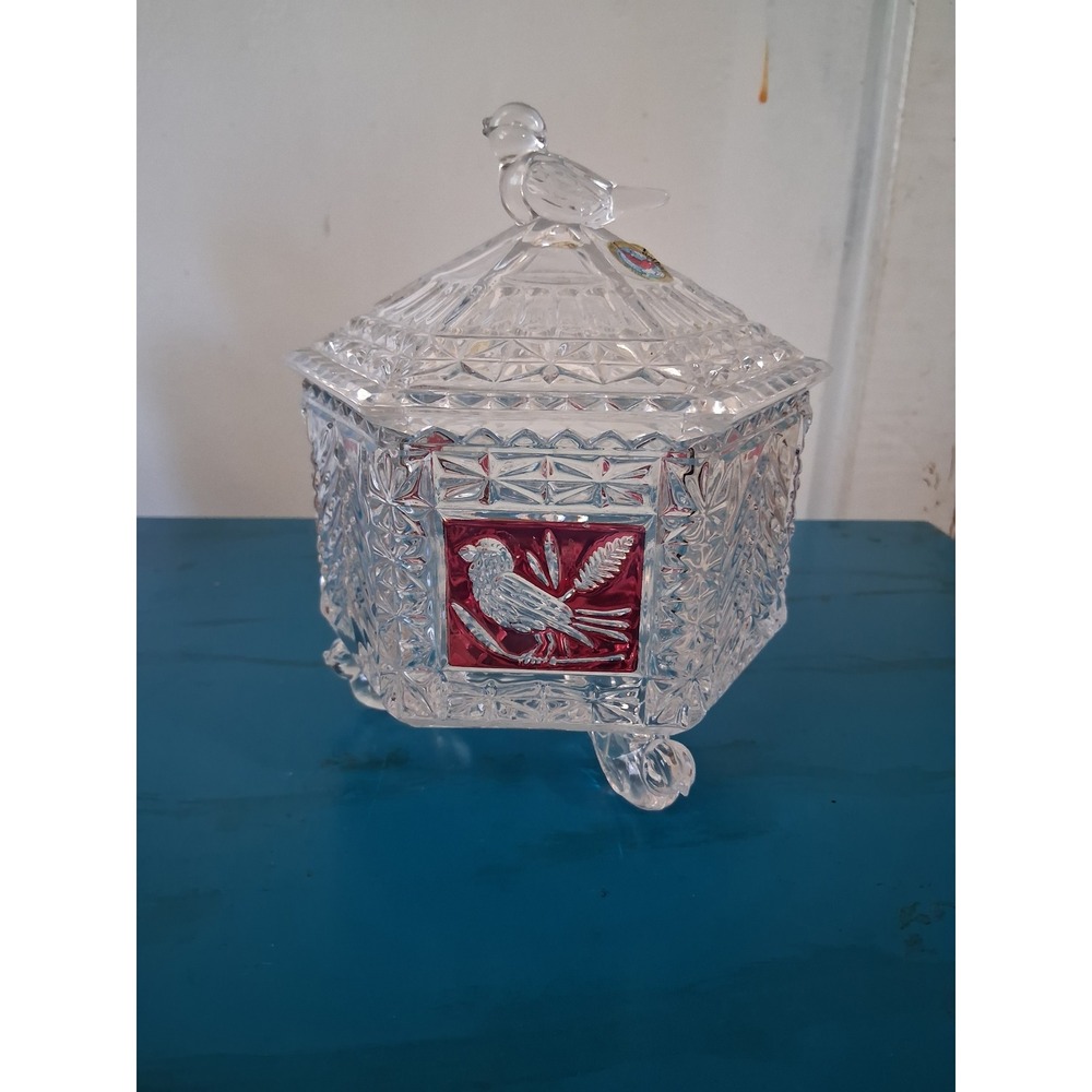 Hofbauer Byrdes Lead Crystal Hexagon Trinket Box Ruby Red Bird West Germany